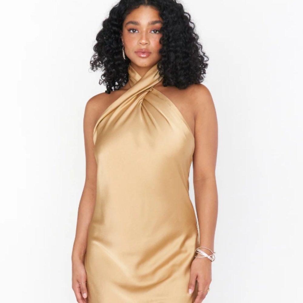 Show Me Your MuMu Jasmine Halter Maxi Dress True Gold Luxe Satin Extra Small